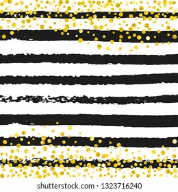Wedding glitter confetti with dots on black stripes. Random falling sequins with glossy sparkles. Template with gold wedding glitter for party invitation, banner, greeting card, bridal shower.