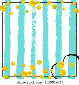 Wedding glitter confetti with dots on turquoise stripes. Sequins with metallic shimmer and sparkles. Design with gold wedding glitter for party invitation, banner, greeting card, bridal shower.