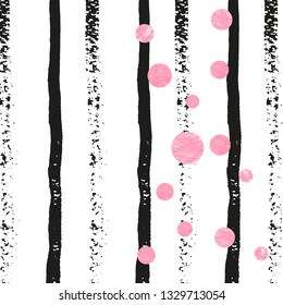 Wedding glitter confetti with dots on black stripes. Random falling sequins with glossy sparkles. Template with pink wedding glitter for party invitation, bridal shower and save the date invite.