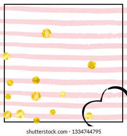 Wedding glitter confetti with dots on pink stripes. Shiny random falling sequins with sparkles. Template with gold wedding glitter for party invitation, banner, greeting card, bridal shower.