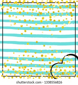 Wedding glitter confetti with dots on turquoise stripes. Shiny random falling sequins with sparkles. Design with gold wedding glitter for party invitation, banner, greeting card, bridal shower.