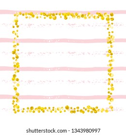 Wedding glitter confetti with dots on pink stripes. Shiny falling sequins with shimmer and sparkles. Design with gold wedding glitter for party invitation, banner, greeting card, bridal shower.