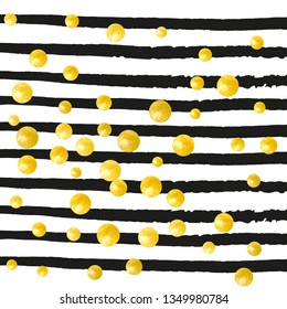 Wedding glitter confetti with dots on black stripes. Shiny random sequins with metallic sparkles. Design with gold wedding glitter for greeting card, bridal shower and save the date invite.