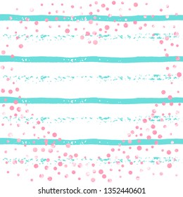Wedding glitter confetti with dots on turquoise stripes. Shiny random sequins with metallic sparkles. Design with pink wedding glitter for party invitation, banner, greeting card, bridal shower.
