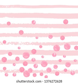 Wedding glitter confetti with dots on pink stripes. Shiny random falling sequins with sparkles. Template with pink wedding glitter for party invitation, bridal shower and save the date invite.