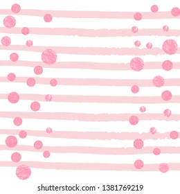 Wedding glitter confetti with dots on pink stripes. Shiny falling sequins with shimmer and sparkles. Design with pink wedding glitter for party invitation, bridal shower and save the date invite.