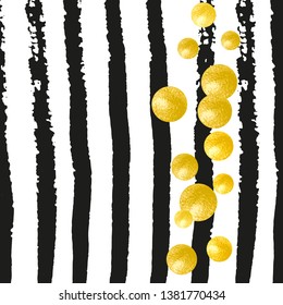 Wedding glitter confetti with dots on black stripes. Falling sequins with shimmer and sparkles. Template with gold wedding glitter for party invitation, event banner, flyer, birthday card.