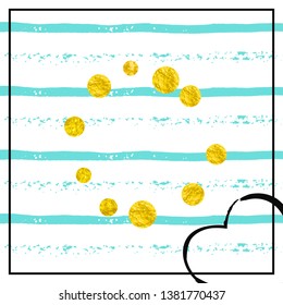 Wedding glitter confetti with dots on turquoise stripes. Sequins with metallic shimmer and sparkles. Design with gold wedding glitter for party invitation, event banner, flyer, birthday card.