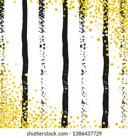 Wedding glitter confetti with dots on black stripes. Sequins with metallic shimmer and sparkles. Design with gold wedding glitter for party invitation, banner, greeting card, bridal shower.