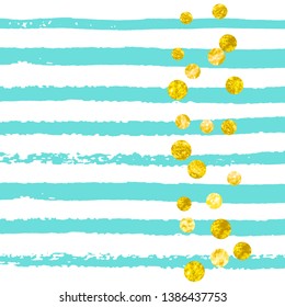 Wedding glitter confetti with dots on turquoise stripes. Shiny random sequins with metallic sparkles. Design with gold wedding glitter for party invitation, bridal shower and save the date invite.