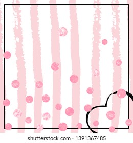 Wedding glitter confetti with dots on pink stripes. Random falling sequins with glossy sparkles. Design with pink wedding glitter for party invitation, event banner, flyer, birthday card.