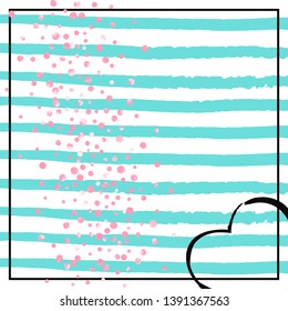 Wedding glitter confetti with dots on turquoise stripes. Sequins with metallic shimmer and sparkles. Design with pink wedding glitter for greeting card, bridal shower and save the date invite.