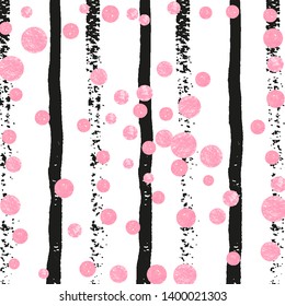 Wedding glitter confetti with dots on black stripes. Shiny random falling sequins with sparkles. Template with pink wedding glitter for party invitation, banner, greeting card, bridal shower.