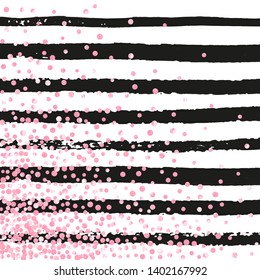 Wedding glitter confetti with dots on black stripes. Random falling sequins with glossy sparkles. Design with pink wedding glitter for greeting card, bridal shower and save the date invite.