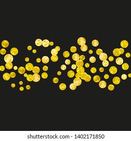 Wedding glitter confetti with dots on isolated backdrop. Falling sequins with shimmer and sparkles. Design with gold wedding glitter for greeting card, bridal shower and save the date invite.
