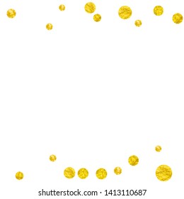Wedding glitter confetti with dots on isolated backdrop. Random falling sequins with glossy sparkles. Design with gold wedding glitter for party invitation, event banner, flyer, birthday card.