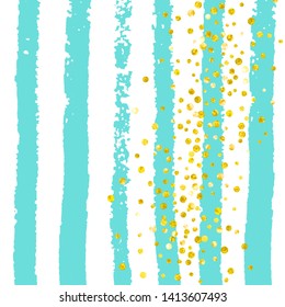 Wedding glitter confetti with dots on turquoise stripes. Shiny falling sequins with shimmer and sparkles. Design with gold wedding glitter for party invitation, banner, greeting card, bridal shower.