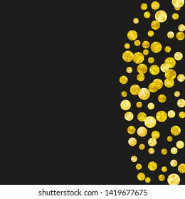 Wedding glitter confetti with dots on isolated backdrop. Random falling sequins with metallic shimmer. Design with gold wedding glitter for greeting card, bridal shower and save the date invite.