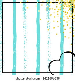 Wedding glitter confetti with dots on turquoise stripes. Shiny falling sequins with shimmer and sparkles. Design with gold wedding glitter for greeting card, bridal shower and save the date invite.