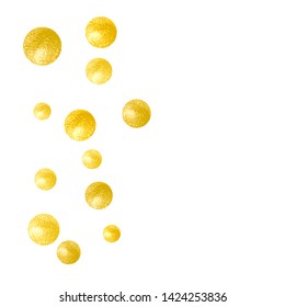 Wedding glitter confetti with dots on isolated backdrop. Falling sequins with shimmer and sparkles. Design with gold wedding glitter for party invitation, banner, greeting card, bridal shower.