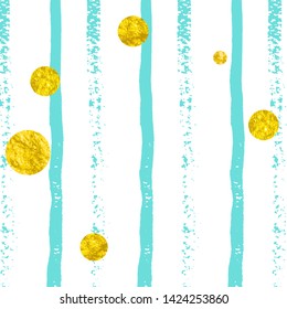 Wedding glitter confetti with dots on turquoise stripes. Falling sequins with glossy sparkles. Design with gold wedding glitter for party invitation, banner, greeting card, bridal shower.