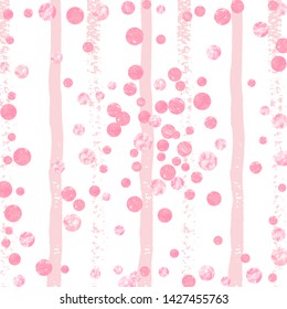 Wedding glitter confetti with dots on pink stripes. Random falling sequins with metallic shimmer. Design with pink wedding glitter for party invitation, event banner, flyer, birthday card.