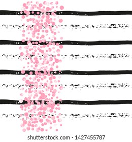 Wedding glitter confetti with dots on black stripes. Falling sequins with shimmer and sparkles. Design with pink wedding glitter for party invitation, event banner, flyer, birthday card.