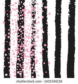 Wedding glitter confetti with dots on black stripes. Sequins with metallic shimmer and sparkles. Design with pink wedding glitter for party invitation, banner, greeting card, bridal shower.