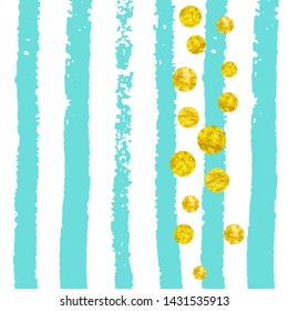 Wedding glitter confetti with dots on turquoise stripes. Falling sequins with metallic shimmer. Design with gold wedding glitter for party invitation, event banner, flyer, birthday card.