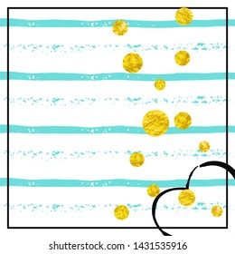 Wedding glitter confetti with dots on turquoise stripes. Falling sequins with shimmer and sparkles. Design with gold wedding glitter for party invitation, bridal shower and save the date invite.