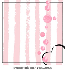 Wedding glitter confetti with dots on pink stripes. Falling sequins with glossy sparkles. Design with pink wedding glitter for greeting card, bridal shower and save the date invite.