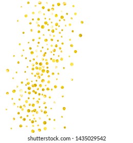 Wedding glitter confetti with dots on isolated backdrop. Shiny random sequins with metallic sparkles. Design with gold wedding glitter for greeting card, bridal shower and save the date invite.