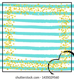 Wedding glitter confetti with dots on turquoise stripes. Shiny random falling sequins with shimmer. Design with gold wedding glitter for party invitation, event banner, flyer, birthday card.