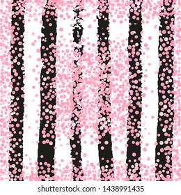 Wedding glitter confetti with dots on black stripes. Sequins with metallic shimmer and sparkles. Template with pink wedding glitter for party invitation, bridal shower and save the date invite.
