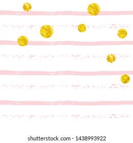 Wedding glitter confetti with dots on pink stripes. Shiny random sequins with metallic sparkles. Design with gold wedding glitter for greeting card, bridal shower and save the date invite.