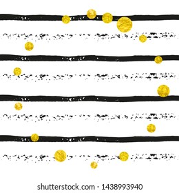 Wedding glitter confetti with dots on black stripes. Falling sequins with metallic shimmer. Template with gold wedding glitter for party invitation, banner, greeting card, bridal shower.