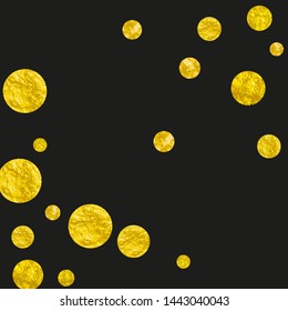 Wedding glitter confetti with dots on isolated backdrop. Shiny random sequins with metallic sparkles. Design with gold wedding glitter for party invitation, banner, greeting card, bridal shower.