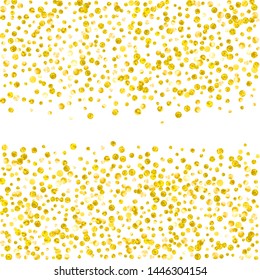 Wedding glitter confetti with dots on isolated backdrop. Random falling sequins with metallic shimmer. Design with gold wedding glitter for party invitation, event banner, flyer, birthday card.