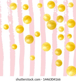 Wedding glitter confetti with dots on pink stripes. Random falling sequins with glossy sparkles. Design with gold wedding glitter for party invitation, banner, greeting card, bridal shower.