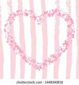 Wedding glitter confetti with dots on pink stripes. Random falling sequins with metallic shimmer. Design with pink wedding glitter for greeting card, bridal shower and save the date invite.