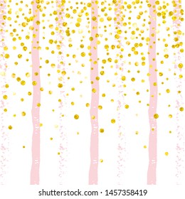 Wedding glitter confetti with dots on pink stripes. Random falling sequins with metallic shimmer. Template with gold wedding glitter for party invitation, event banner, flyer, birthday card.
