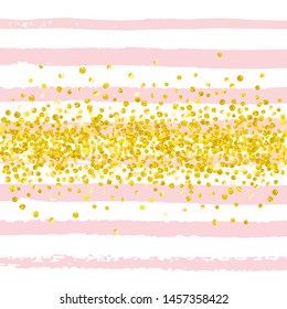 Wedding glitter confetti with dots on pink stripes. Random falling sequins with metallic shimmer. Design with gold wedding glitter for party invitation, banner, greeting card, bridal shower.