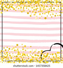 Wedding glitter confetti with dots on pink stripes. Random falling sequins with glossy sparkles. Template with gold wedding glitter for party invitation, banner, greeting card, bridal shower.