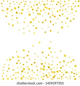 Wedding glitter confetti with dots on isolated backdrop. Shiny random falling sequins with sparkles. Design with gold wedding glitter for party invitation, bridal shower and save the date invite.