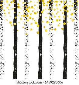 Wedding glitter confetti with dots on black stripes. Falling sequins with shimmer and sparkles. Design with gold wedding glitter for greeting card, bridal shower and save the date invite.