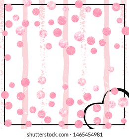 Wedding glitter confetti with dots on pink stripes. Random falling sequins with metallic shimmer. Template with pink wedding glitter for party invitation, bridal shower and save the date invite.