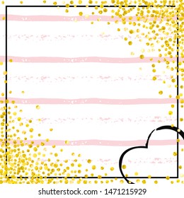 Wedding glitter confetti with dots on pink stripes. Shiny random sequins with metallic sparkles. Design with gold wedding glitter for party invitation, bridal shower and save the date invite.