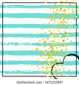 Wedding glitter confetti with dots on turquoise stripes. Random falling sequins with glossy sparkles. Design with gold wedding glitter for greeting card, bridal shower and save the date invite.