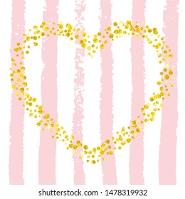 Wedding glitter confetti with dots on pink stripes. Shiny random falling sequins with shimmer. Template with gold wedding glitter for greeting card, bridal shower and save the date invite.