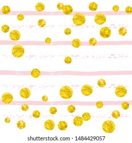 Wedding glitter confetti with dots on pink stripes. Random falling sequins with glossy sparkles. Design with gold wedding glitter for greeting card, bridal shower and save the date invite.
